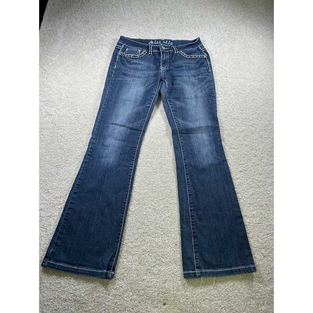 Miss Chic Size 9 Embellished Rhinestones Low Rise Thick Stitch Denim Blue Jeans
